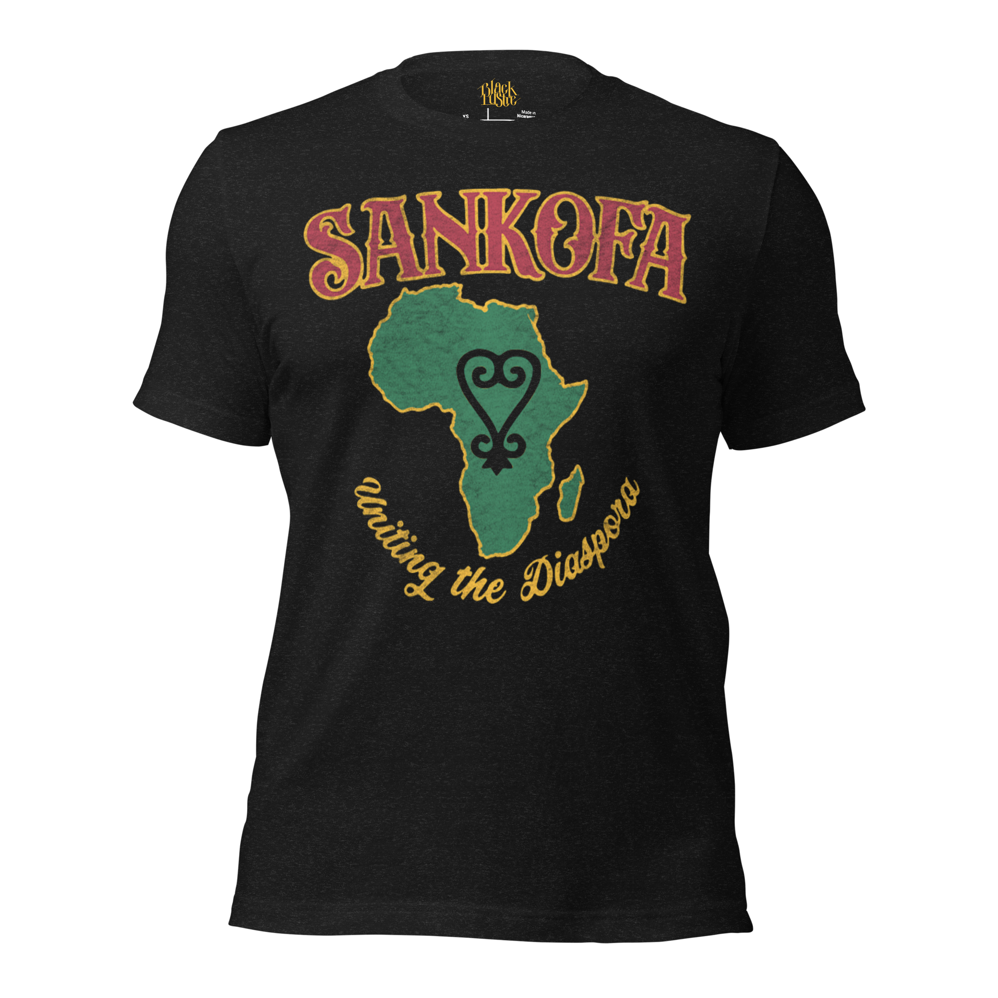 Sankofa men’s/unisex graphic t‑shirt in Athletic Heather – front view by BLACKLUSTRE