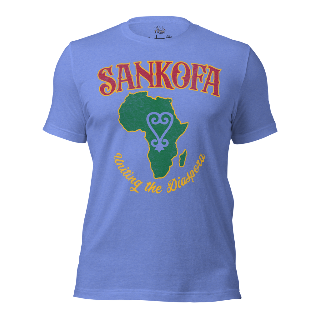 Sankofa men’s/unisex graphic t‑shirt in white – front view by BLACKLUSTRE
