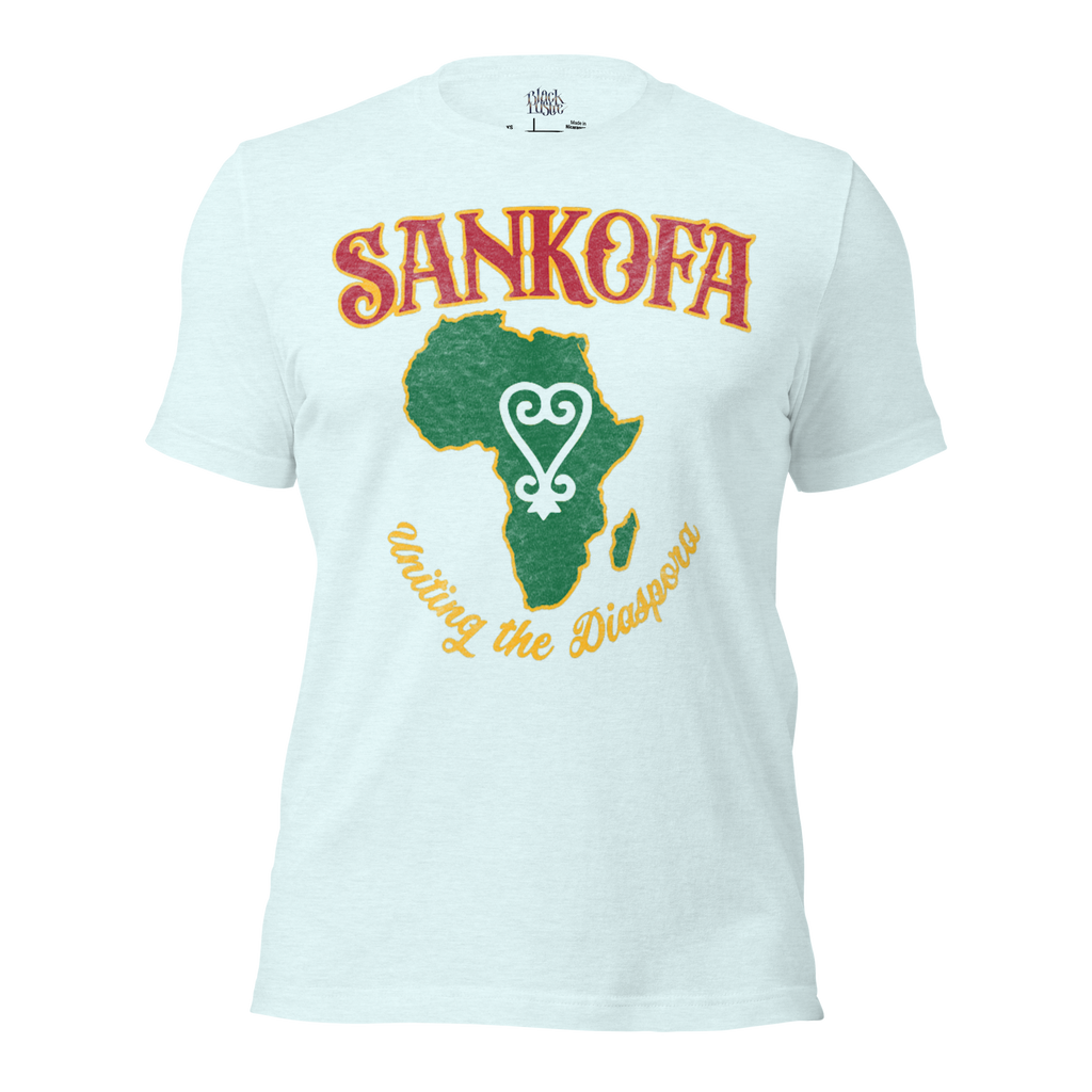 Sankofa men’s/unisex graphic t‑shirt in Black Heather – front view by BLACKLUSTRE