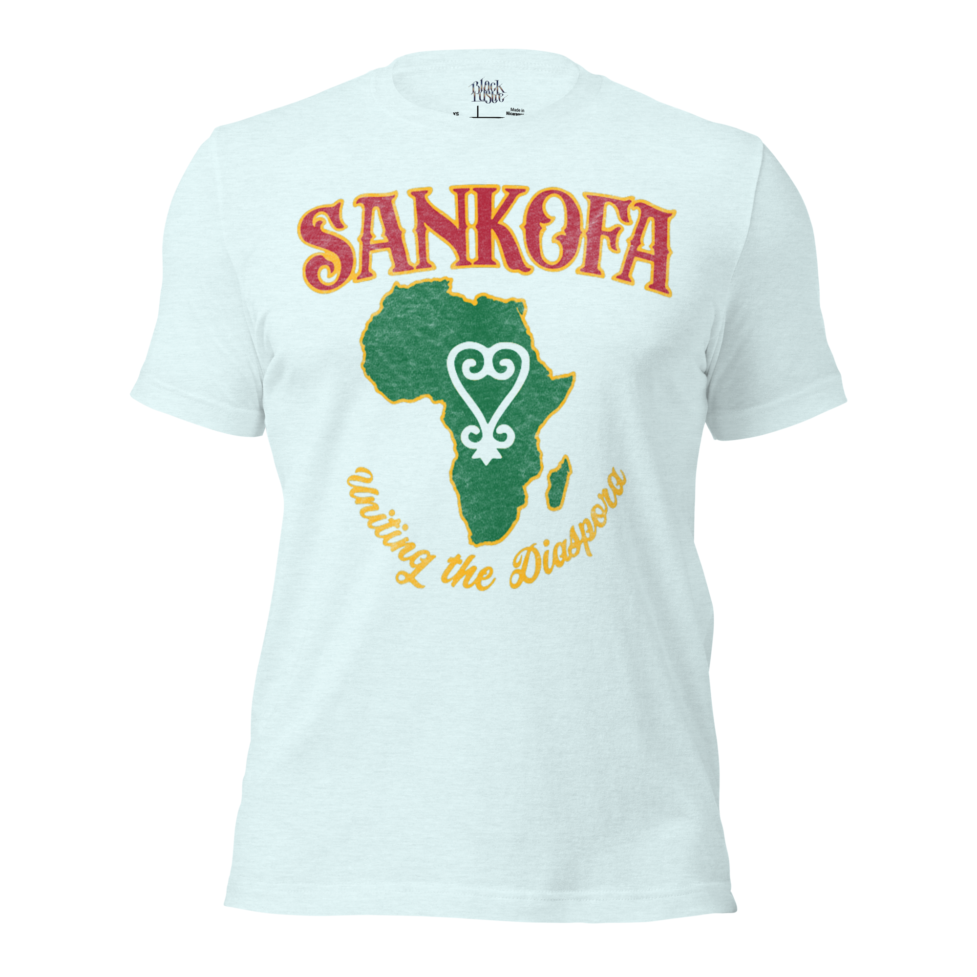 Sankofa men’s/unisex graphic t‑shirt in Black Heather – front view by BLACKLUSTRE