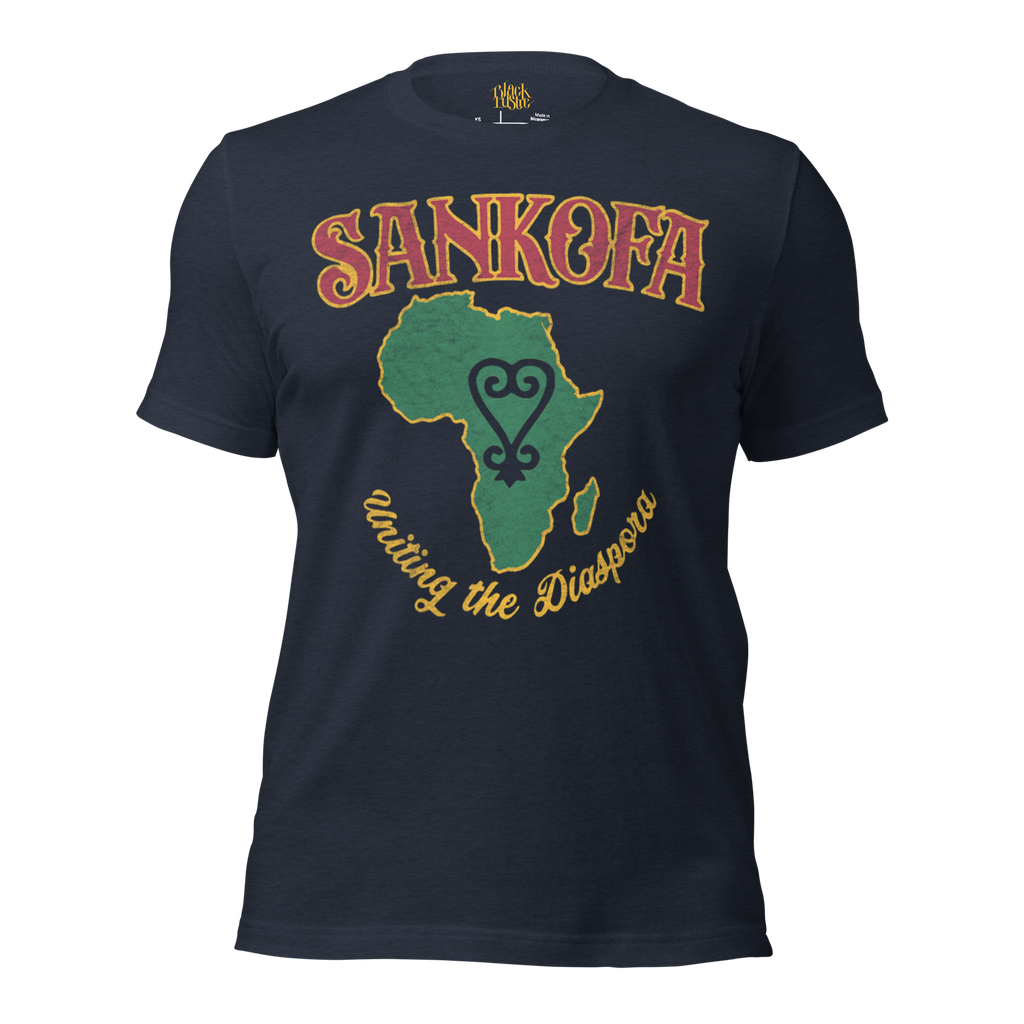 Sankofa men’s/unisex graphic t‑shirt in Heather Ice Blue – front view by BLACKLUSTRE