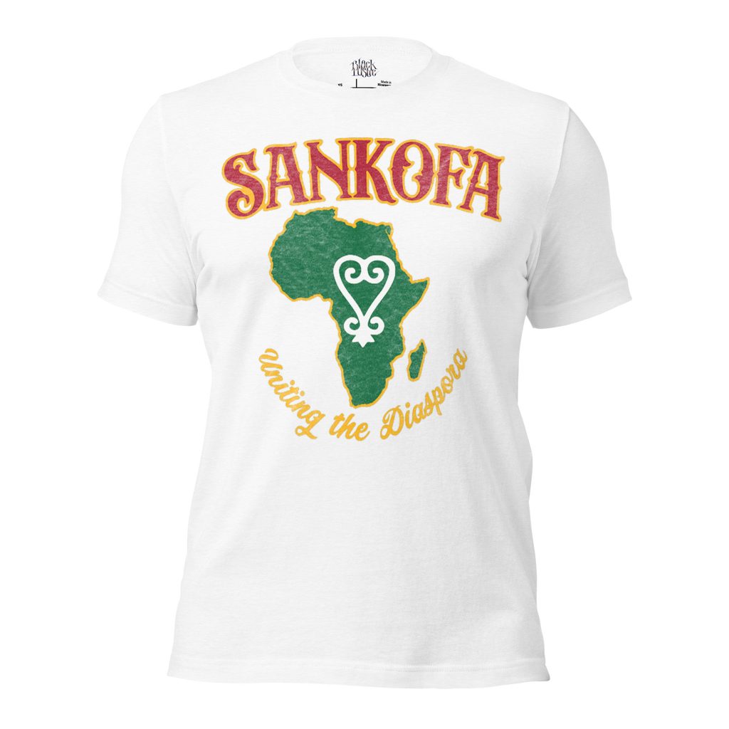 Sankofa men’s/unisex graphic t‑shirt in soft pink – front view by BLACKLUSTRE